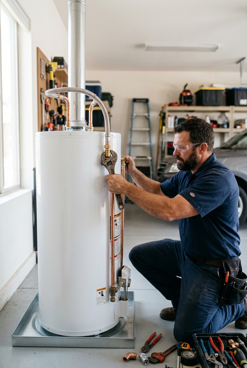 Licensed plumber installing a new tank water heater in a garage