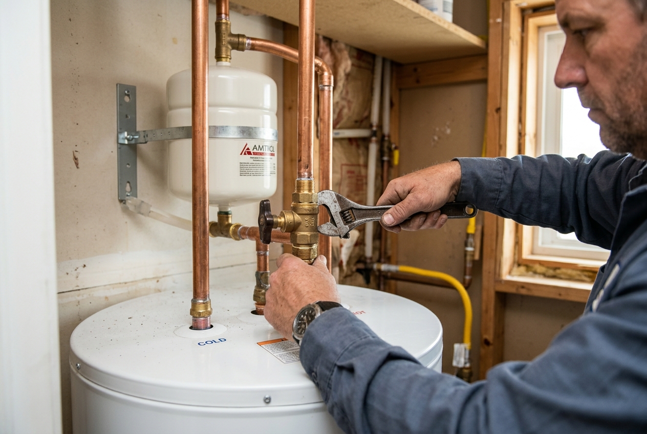 Plumber tightening fittings on a new water heater